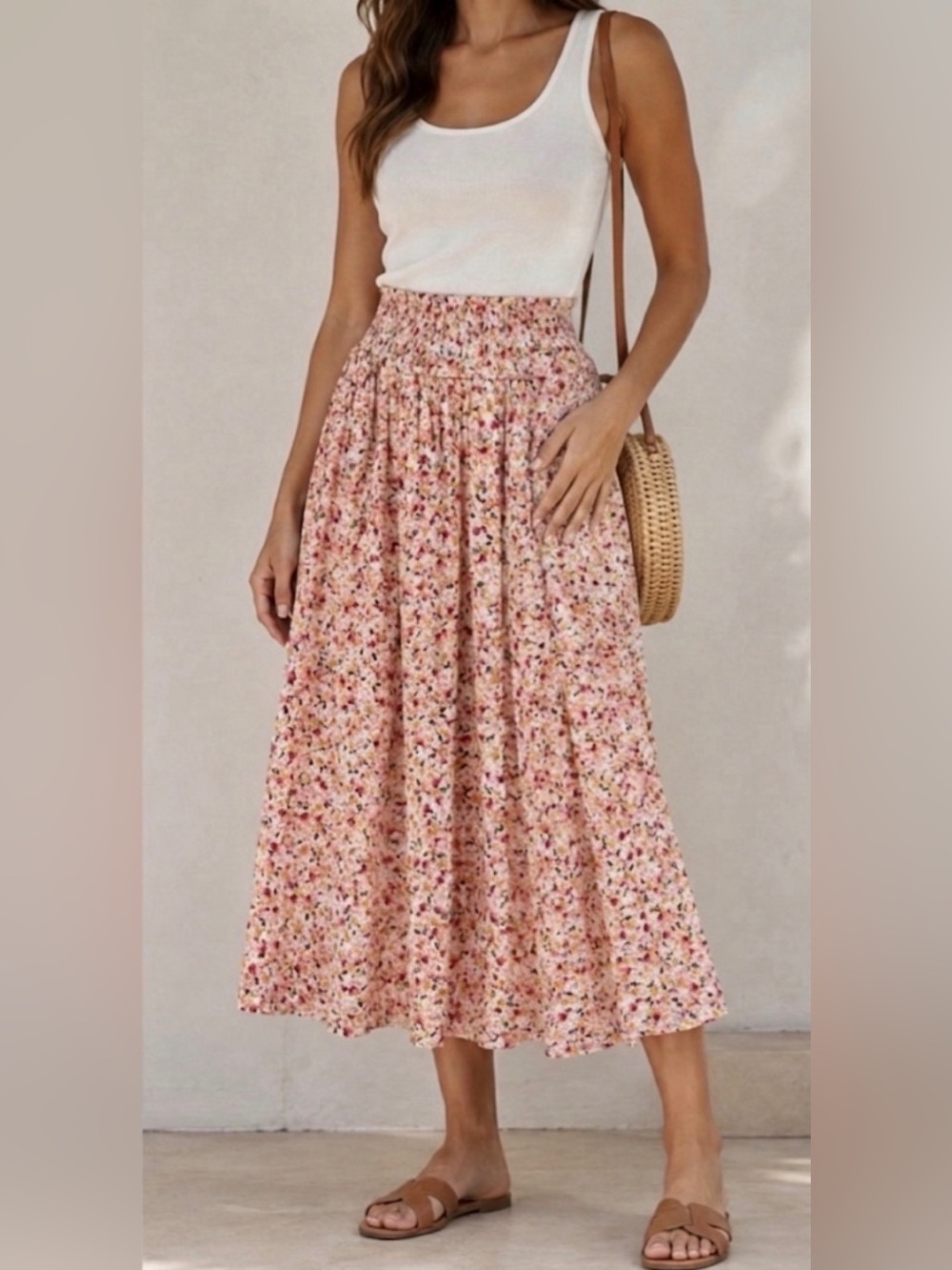 Floral Pink Smocked Gauze Midi Skirt